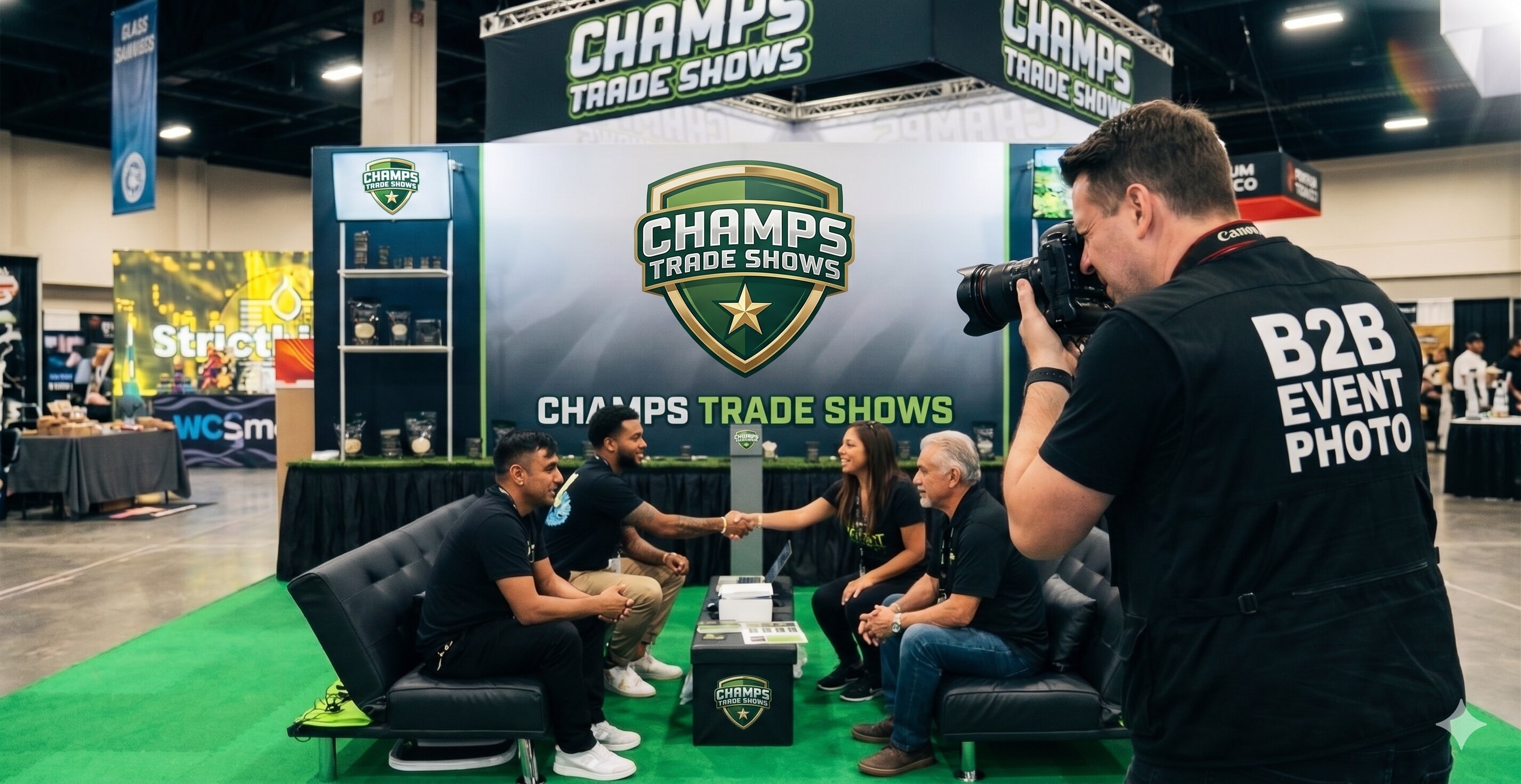 Photographer capturing handshake at trade show